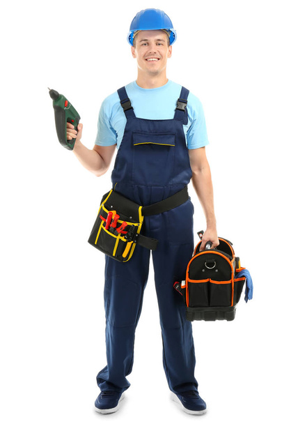 Electrician with drill and toolbox on white background - Φωτογραφία, εικόνα