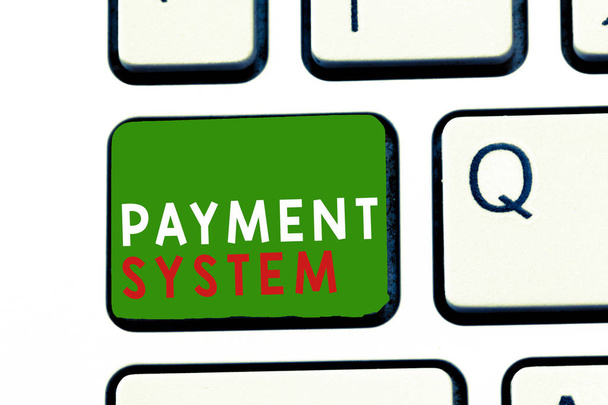 Σήμα κειμένου που εμφανίζει το σύστημα πληρωμών. Μέθοδος εννοιολογικού συστήματος φωτοαντιστάθμισης που χρησιμοποιείται για την πληρωμή αγαθών και υπηρεσιών - Φωτογραφία, εικόνα