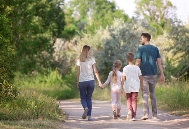 Perhe kävelee puistossa kesäpäivänä
 - Valokuva, kuva