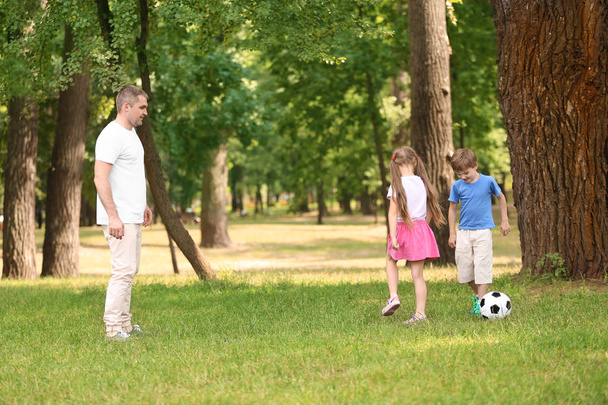 Onnellinen perhe pelaa jalkapalloa puistossa kesäpäivänä
 - Valokuva, kuva