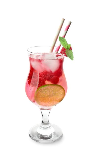 Glass of fresh raspberry mojito on white background - Photo, Image