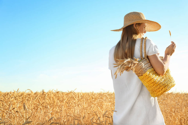 Hasır çanta buğday alanında güneşli güzel bir kadınla - Fotoğraf, Görsel
