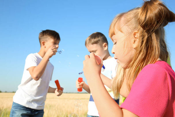 Niedliche kleine Kinder pusten an sonnigen Tagen Seifenblasen auf dem Feld - Foto, Bild