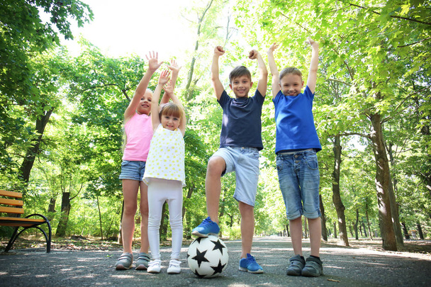 Söpö pieniä lapsia jalkapallo puistossa
 - Valokuva, kuva