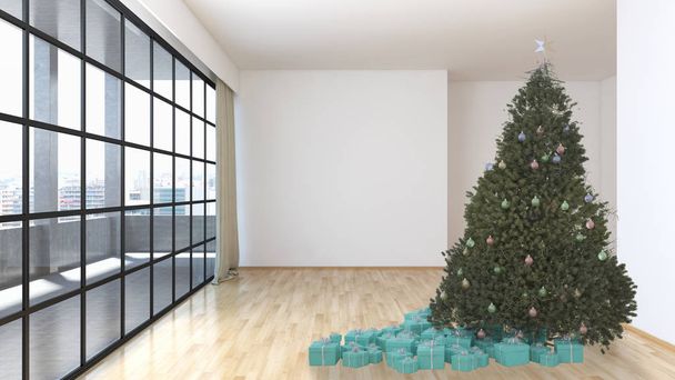 intérieur lumineux moderne appartement salon avec arbre de Noël illustration de rendu 3D image générée par ordinateur
 - Photo, image