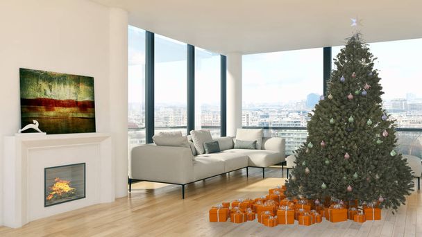 moderní světlé interiéry bytu obývací pokoj s vánoční strom 3d vykreslování obrázku počítačem generovaný obraz - Fotografie, Obrázek