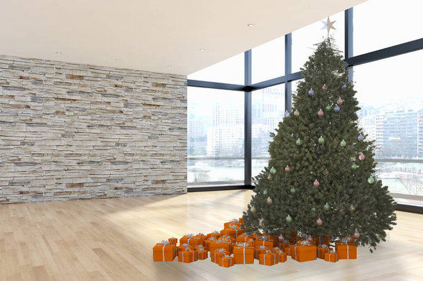moderno interior luminoso apartamento sala de estar con árbol de Navidad 3D representación ilustración imagen generada por ordenador
 - Foto, imagen