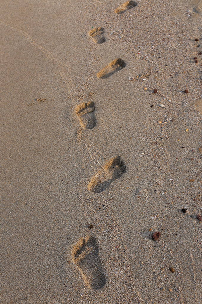 footprints in the sand on the shores of the Mediterranean Sea in northern Israel  - Photo, Image
