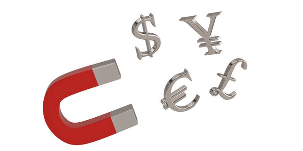 Koncepcja finansowych duży magnes z waluty znaki na białym tle 3d ilustracji tle. - Zdjęcie, obraz