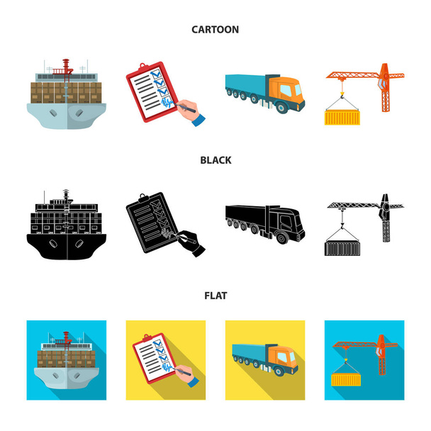 Sea freight, signature of delivery documents, truck, tower crane with a container. Logistics and delivery set collection icons in cartoon,black,flat style isometric vector symbol stock illustration - Vector, Image