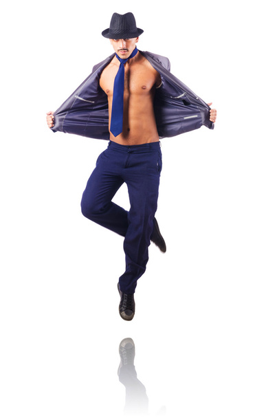 Muscular half naked businessman jumping on white - Фото, зображення