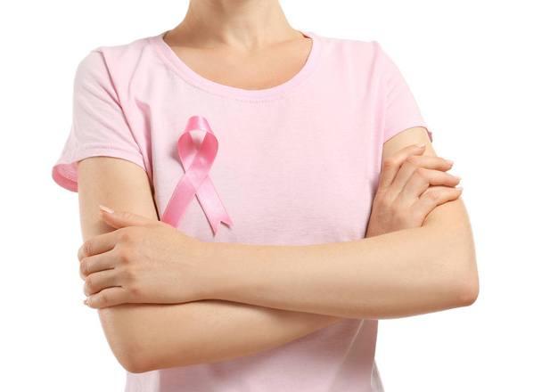 Woman with pink ribbon on white background. Breast cancer awareness concept - Photo, Image
