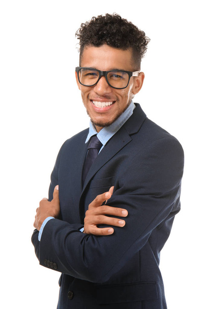 Handsome African-American businessman on white background - Foto, Imagen