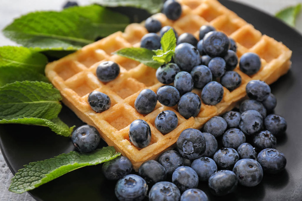 Delicious waffle with blueberries on plate, closeup - Photo, Image