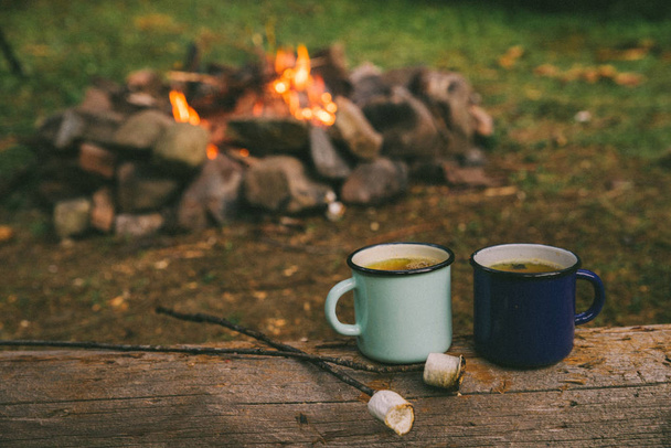 due tazze di metallo con tè e marshmallow. fuoco sullo sfondo. unione con la natura
 - Foto, immagini