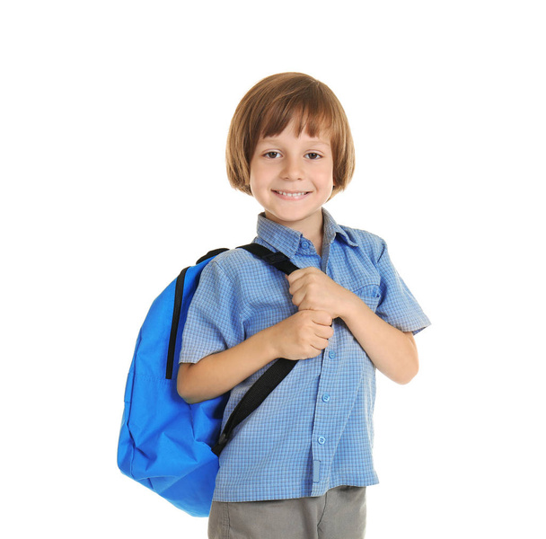 Cute little boy with backpack on white background - Fotoğraf, Görsel