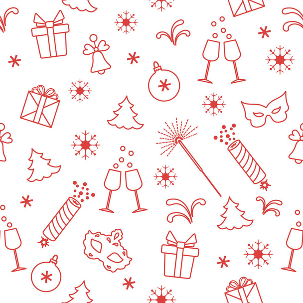 Seamless pattern with new year symbols. Gifts, firecrackers, fireworks, bead, glasses with champagne, bell, christmas tree, mask, calendar, stars, snowflakes. - Vector, Image