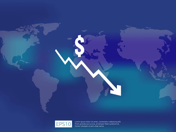 dollar money fall down symbol with world map and blur background. arrow decrease economy stretching rising drop. Business loss crisis decrease illustration. cost reduction bankrupt vector. - Vector, Image