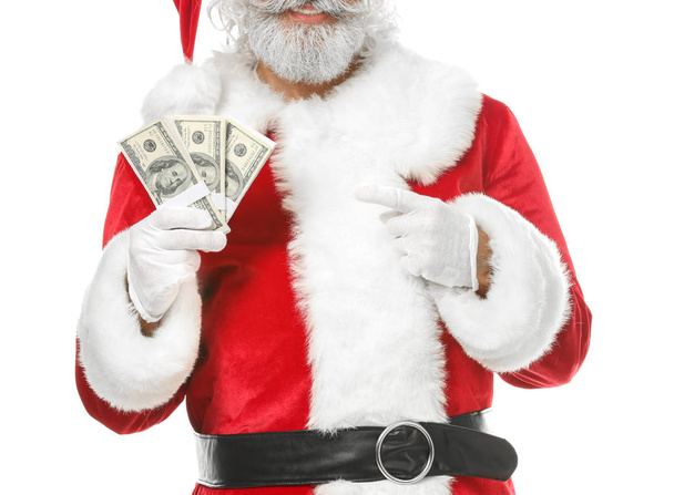 Santa Claus with dollar banknotes on white background - Foto, Bild