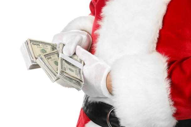 Santa Claus with dollar banknotes on white background, closeup - Photo, image
