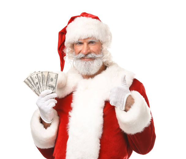 Weihnachtsmann mit Geld auf weißem Hintergrund - Foto, Bild