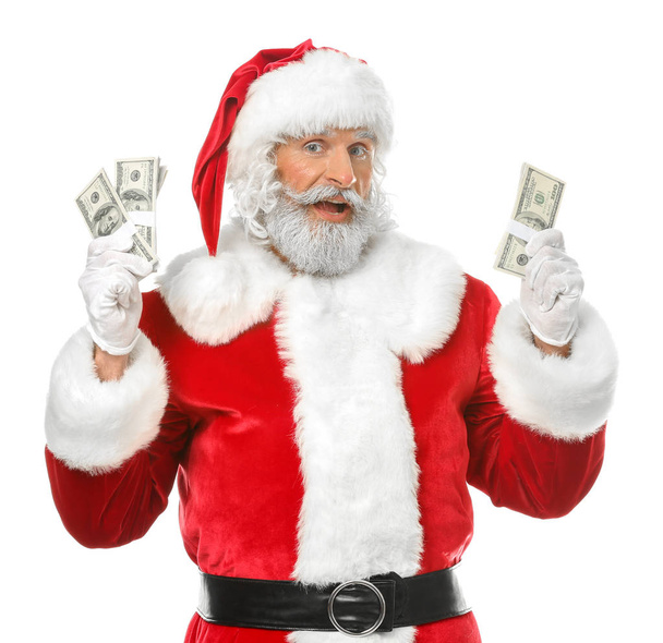Święty Mikołaj z banknotów dolara na białym tle - Zdjęcie, obraz