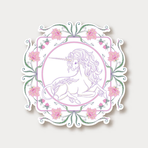 Sticker with cute, kawaii unicorn with vintage frame and flowers  - ベクター画像