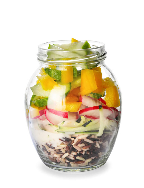 Delicious vegetable salad in mason jar on white background - Foto, imagen