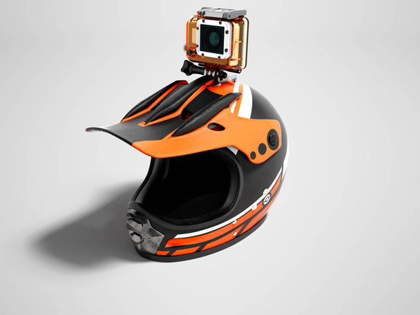 moderner orangefarbener Motorradhelm mit Action-Kamera-Perspektive 3D-Rendering auf grauem Hintergrund mit Schatten - Foto, Bild