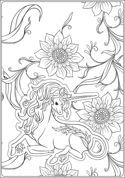 Unicorn and fantastic vintage flowers. Vector illustration.  - Vektör, Görsel