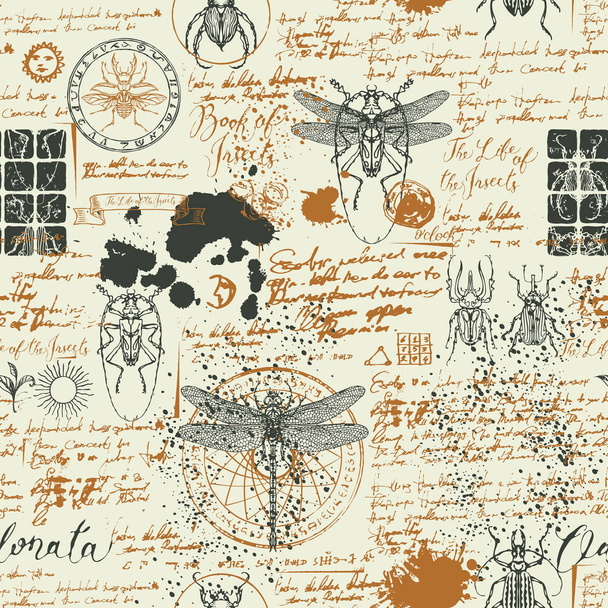 Vector seamless abstract background with insects in retro style. Beetles, dragonflies, ink stains, doodles and handwritten inscriptions on the old manuscripts. Can be used as Wallpaper, wrapping paper - Vector, Imagen
