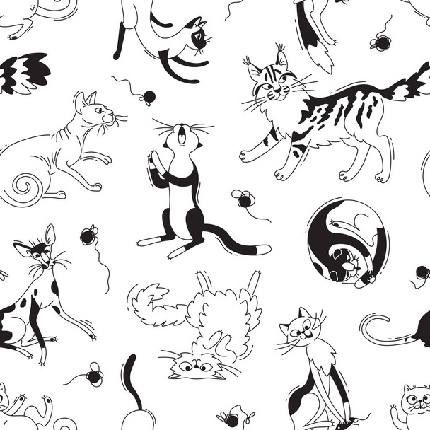 nahtloses Muster mit spielenden Katzen verschiedener Rassen und Garnknäueln. Katze im Stil eines Doodle-Cartoons. Vektorhintergrund - Vektor, Bild