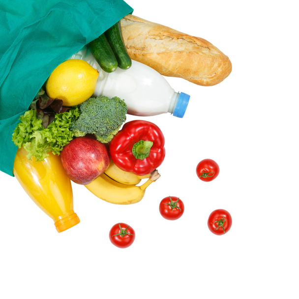 Comprar alimentos compra frutas y verduras de arriba cuadrado aislado sobre un fondo blanco
 - Foto, Imagen