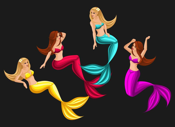 Isometry set of mermaids in different poses for use in graphic games, beautiful girls - Vector, afbeelding