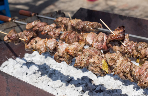 Greek souvlaki style meat on a skewer. Lamb meat cooking over coals. - Photo, Image