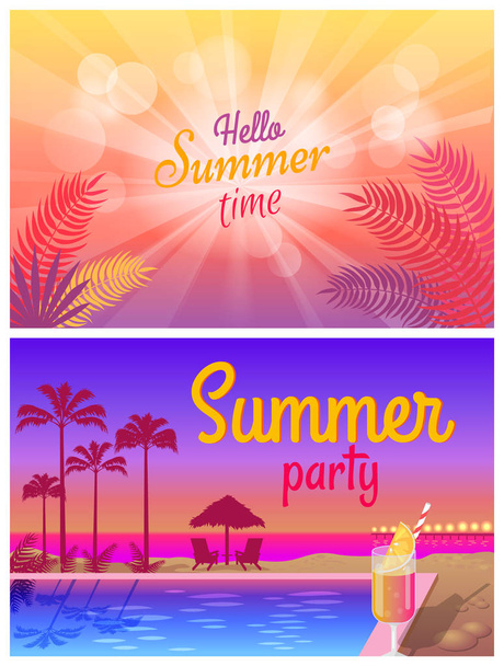 Summer Party Near Pool with Tasty Cocktails Promo - Vetor, Imagem