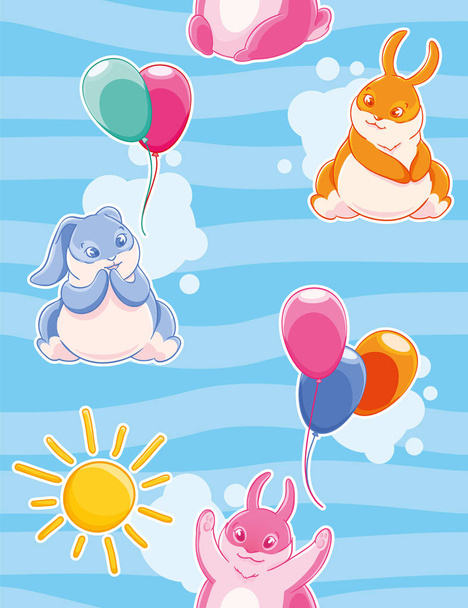 Padrão sem costura com coelhos engraçados pintados balões voadores coloridos em um fundo de céu e nuvens. Design de tecido, papel de parede, decoração para crianças
. - Vetor, Imagem