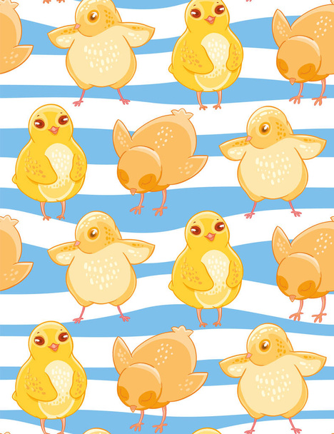 Seamless pattern with cute cartoon yellow chicken blue and white striped background. Fabric design, Wallpaper, kids decor. - ベクター画像