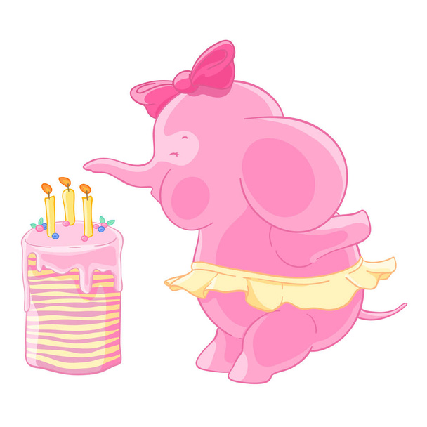 Cute pink elephant girl with bow and the skirt blows out candles on a birthday cake. Makes a wish. Vector illustration.T-shirt print. Greeting card. - Vector, Image