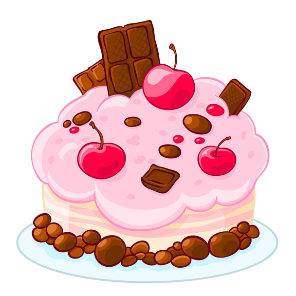 アイコン漫画おいしいチョコレートとスポンジ ケーキ、ゼリー豆、さくらんぼ。誕生日のための御馳走。ベクトル図は、白で隔離。T シャツ印刷. - ベクター画像
