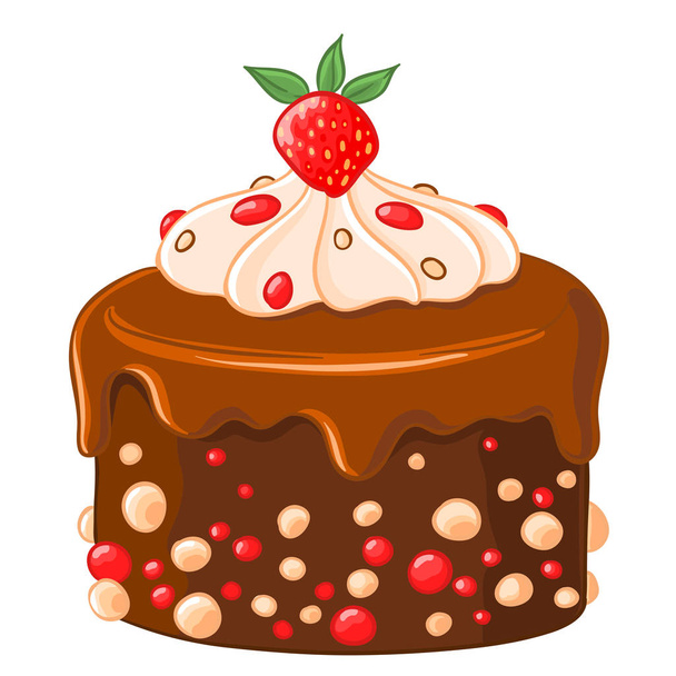 Cartoon icon chocolate-coffee cake with caramel syrup, strawberries and whipped cream. Vector illustration isolated on white. T-shirt printing. - Vector, Image