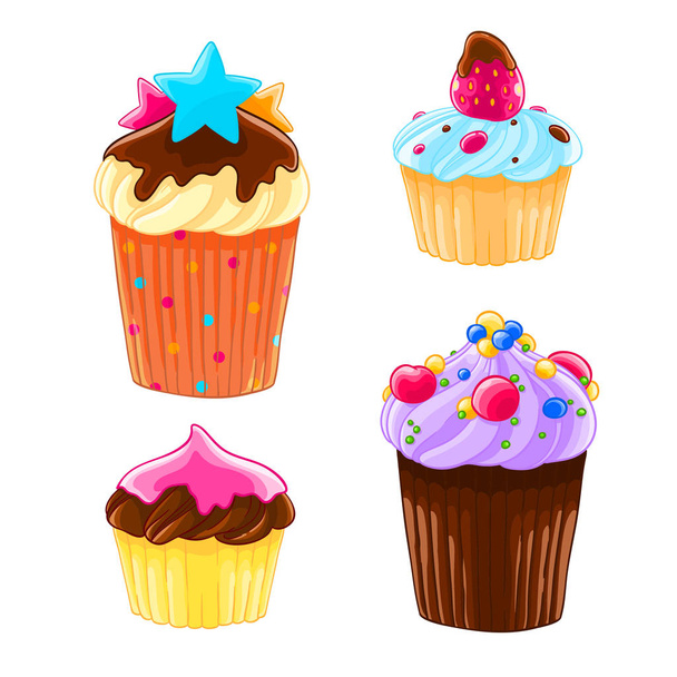 Набір з чотирьох іконок в мультиплікаційному стилі, смачні кекси з вершками, шоколадом і полуницею. Векторні ілюстрації ізольовані на білому. Друк футболок
. - Вектор, зображення