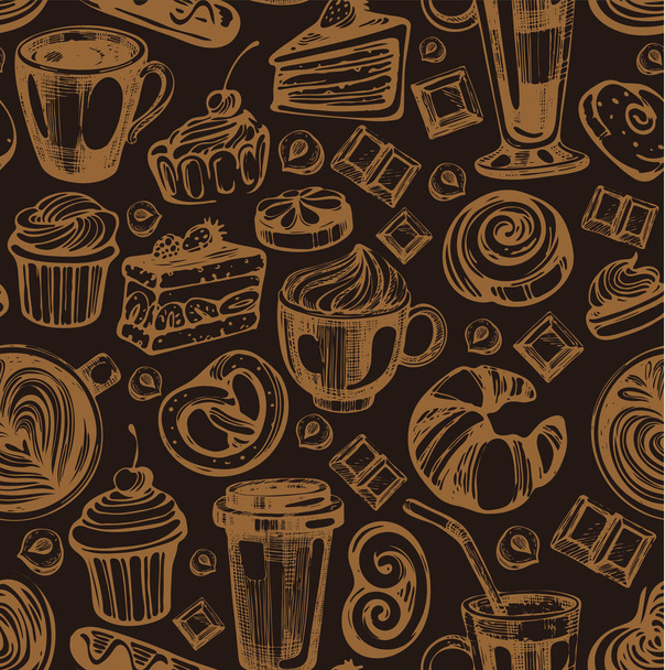 Varrat nélküli mintát csésze kávé és a browm háttérben pékség - Vektor, kép