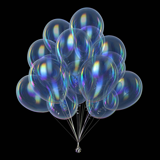 balloons bunch white birthday decoration translucent. celebration, party, anniversary symbol. 3d illustration, isolated on black - Photo, image