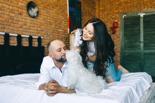 Couple in love pregnant lie in bed cuddling, waiting for baby - Fotoğraf, Görsel