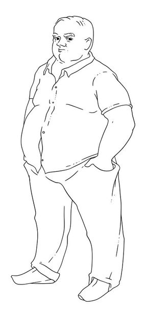 Ilustracja wektorowa łysy mężczyzna z otyłością. Gruby mężczyzna stoi z rękami w kieszeniach. Liniowy czarno-biały rysunek. - Wektor, obraz