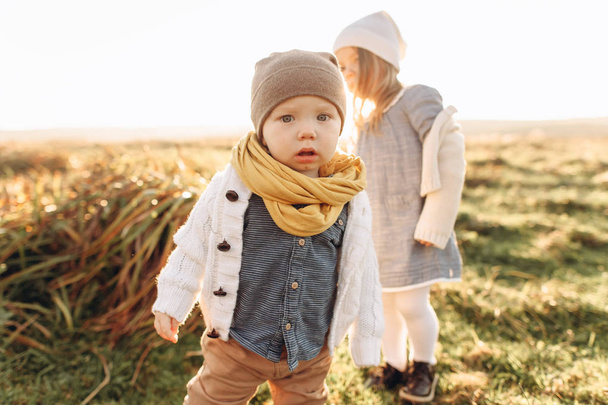 children are walking in the sunshine green field at sunset - Foto, Imagem
