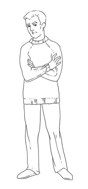 Ilustración vectorial de un hombre descontento con los brazos cruzados en el pecho. Dibujo lineal en blanco y negro
. - Vector, imagen