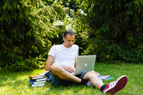 Przystojny mężczyzna za pomocą laptopa w parku na dzień lata - Zdjęcie, obraz