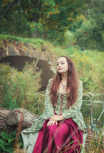 Ağacın nehir açık yanında oturan uzun Ortaçağ elbiseli güzel kız - Fotoğraf, Görsel